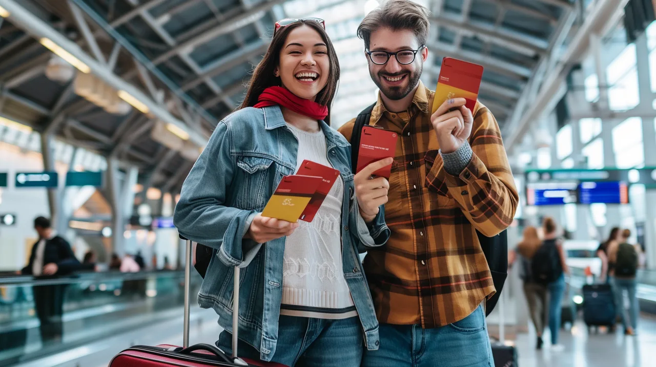 Pareja emocionada en terminal de aeropuerto con maletas y boarding passes